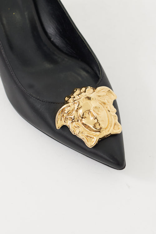 Versace Black 
Gold Leather Medusa Palazzo Pump