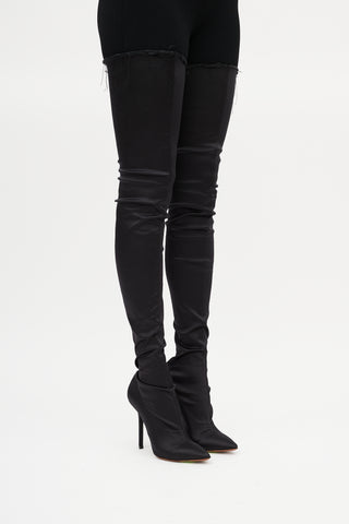 Vetements Black Satin Deconstructed Thigh High Boot