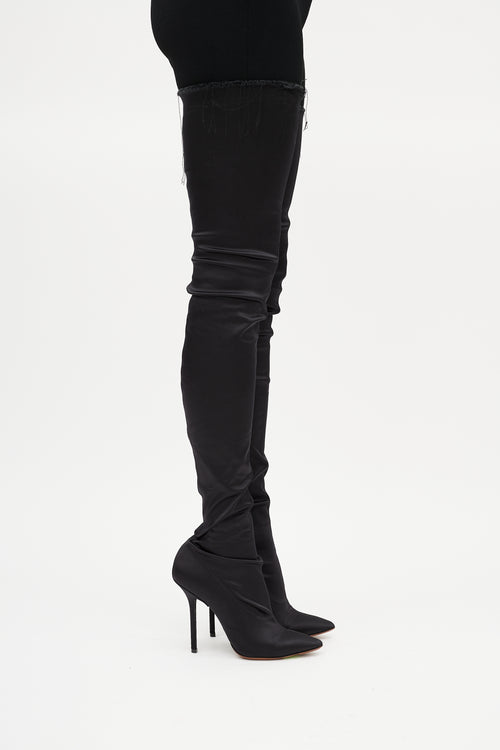 Vetements Black Satin Deconstructed Thigh High Boot