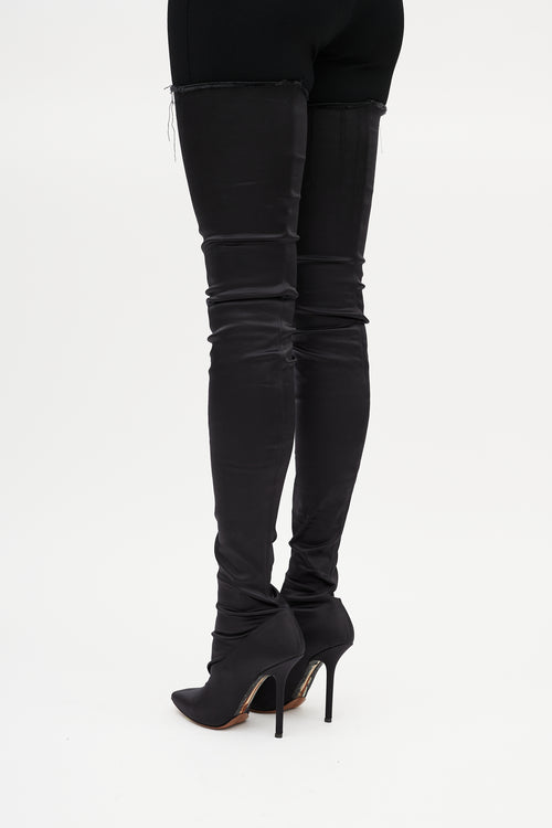 Vetements Black Satin Deconstructed Thigh High Boot