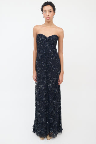 Vicky Tiel Navy Silk Lace 
Glitter Strapless Gown