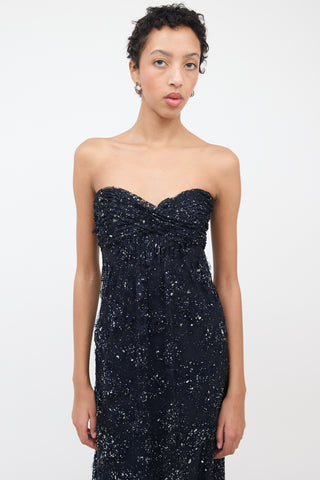 Vicky Tiel Navy Silk Lace 
Glitter Strapless Gown