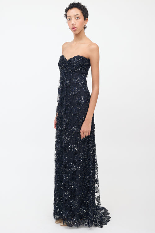 Vicky Tiel Navy Silk Lace 
Glitter Strapless Gown