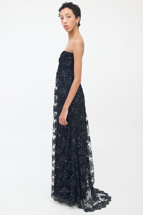 Vicky Tiel Navy Silk Lace 
Glitter Strapless Gown