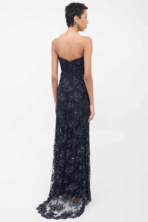 Vicky Tiel Navy Silk Lace 
Glitter Strapless Gown