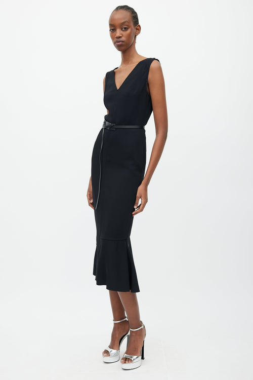 Victoria Beckham Black V-Neck Belted Dress