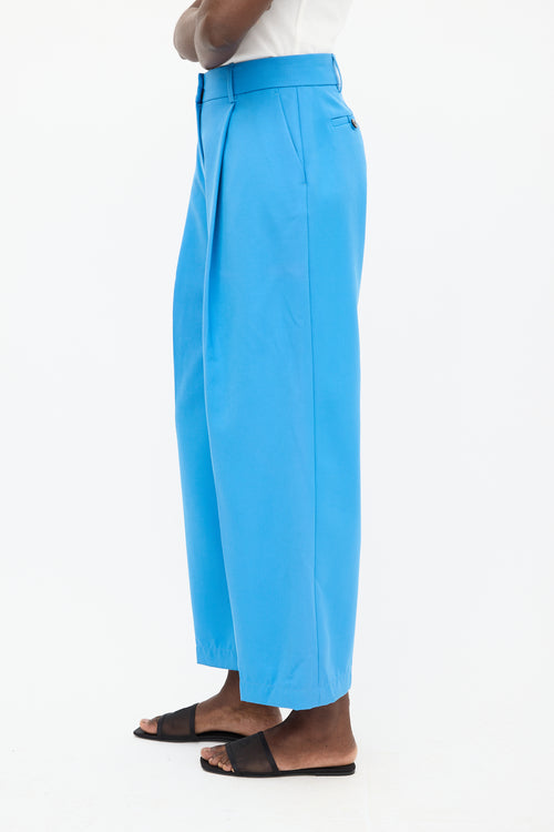 Victoria Beckham Blue Wool Pleated Wide Leg Trouser