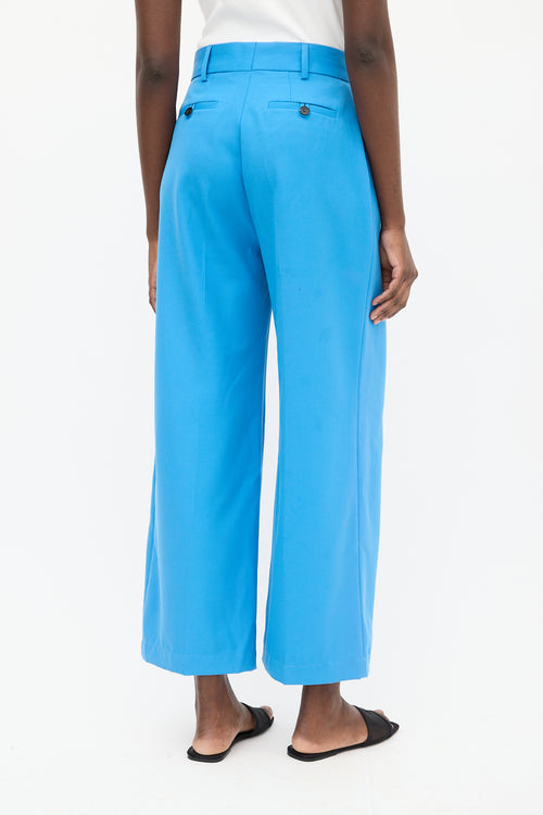 Victoria Beckham Blue Wool Pleated Wide Leg Trouser