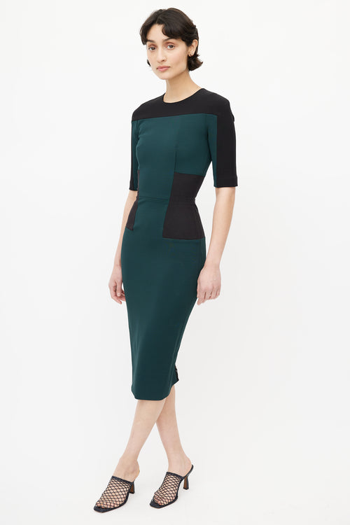 Victoria Beckham Green 
Black Colourblock Sheath Dress