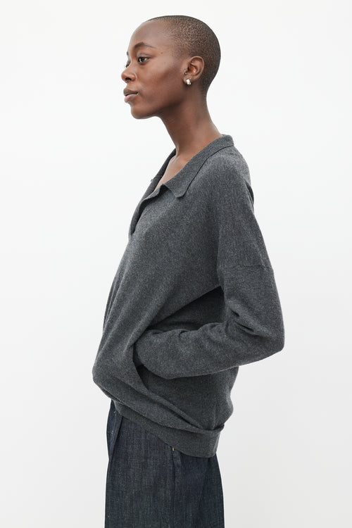 Victoria Beckham Grey Wool Knit V-Neck Sweater