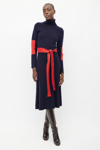 Victoria Beckham Navy 
Red Wool Belted Dress