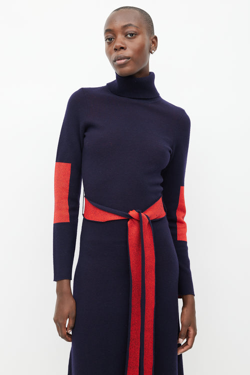 Victoria Beckham Navy 
Red Wool Belted Dress