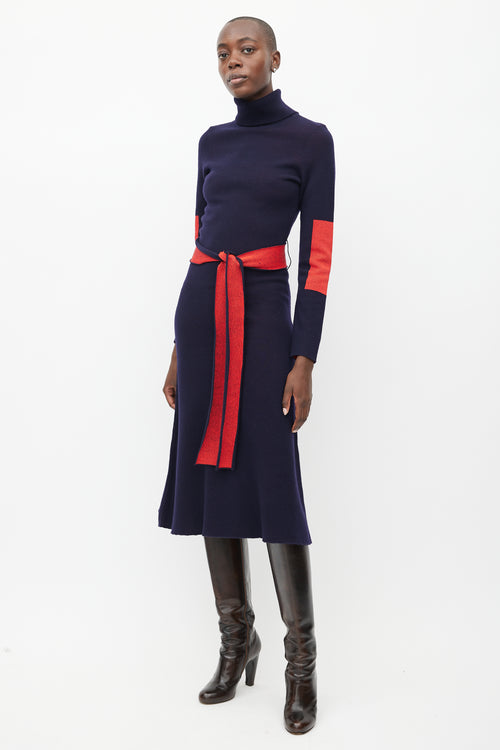 Victoria Beckham Navy 
Red Wool Belted Dress