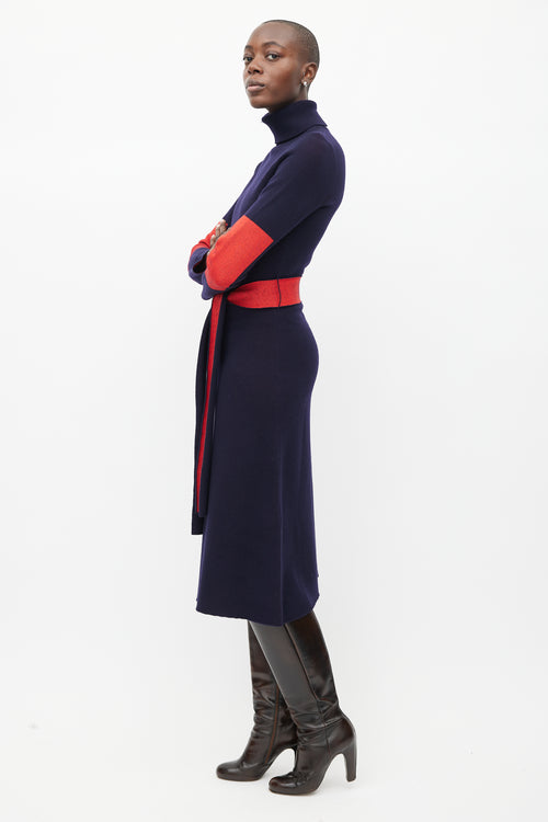 Victoria Beckham Navy 
Red Wool Belted Dress