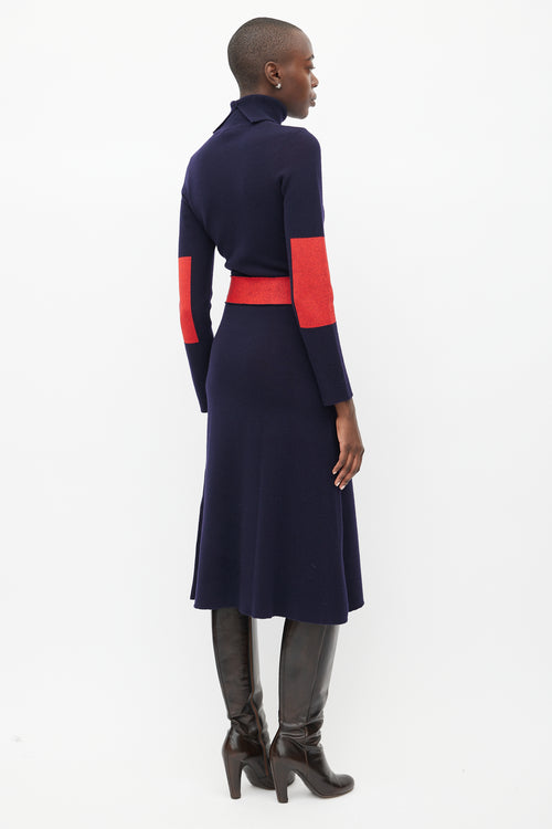 Victoria Beckham Navy 
Red Wool Belted Dress