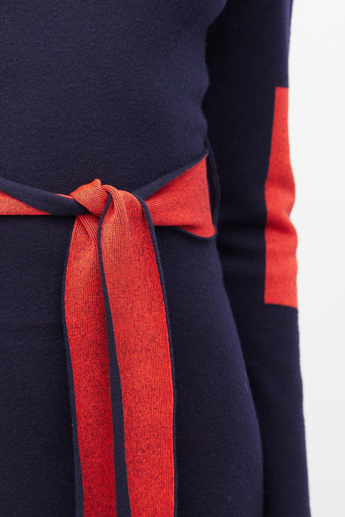 Victoria Beckham Navy 
Red Wool Belted Dress