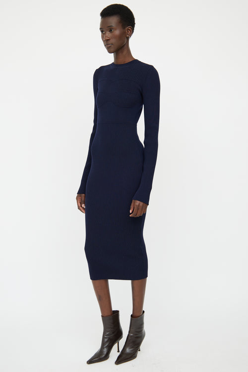 Victoria Beckham Navy Wool Blend Ribbed Knit Maxi Dress