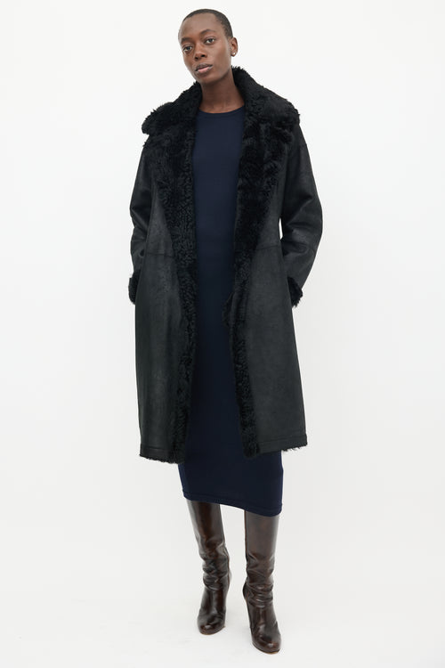 Vince Black Leather 
Shearling Lined Mid Length Coat