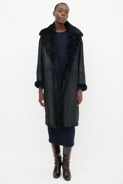 Vince Black Leather 
Shearling Lined Mid Length Coat