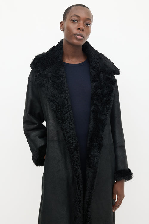 Vince Black Leather 
Shearling Lined Mid Length Coat