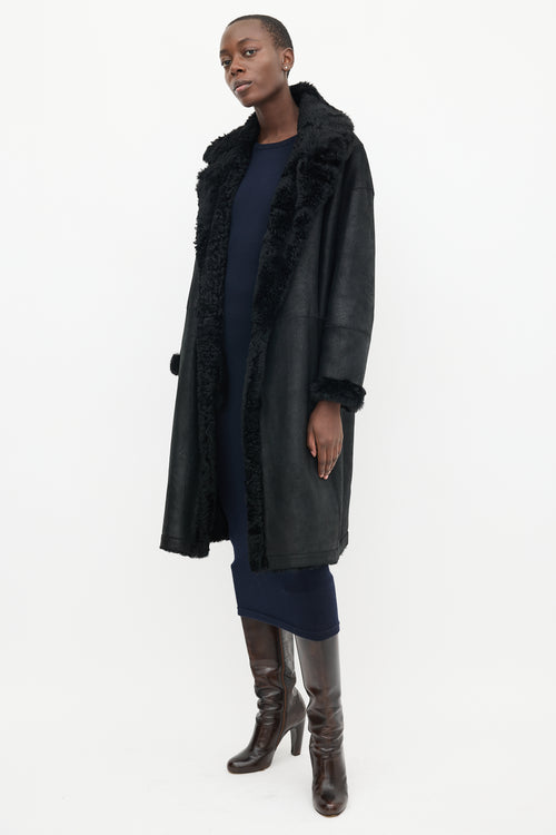 Vince Black Leather 
Shearling Lined Mid Length Coat