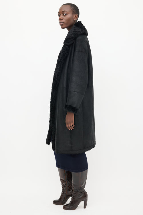 Vince Black Leather 
Shearling Lined Mid Length Coat