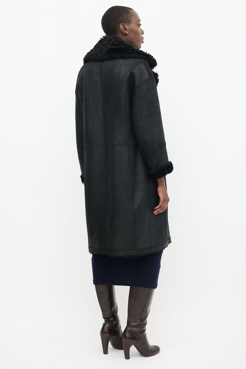 Vince Black Leather 
Shearling Lined Mid Length Coat