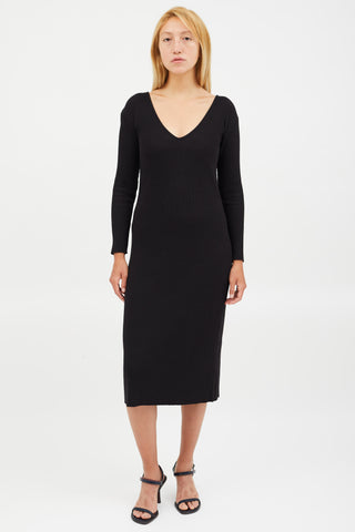 Vince Black Ribbed V-Neck Midi Dress