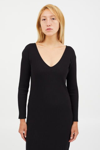 Vince Black Ribbed V-Neck Midi Dress