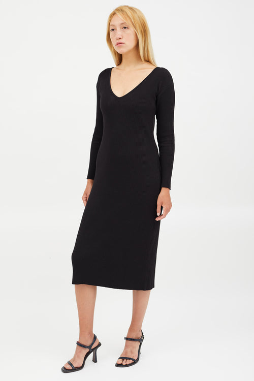 Vince Black Ribbed V-Neck Midi Dress