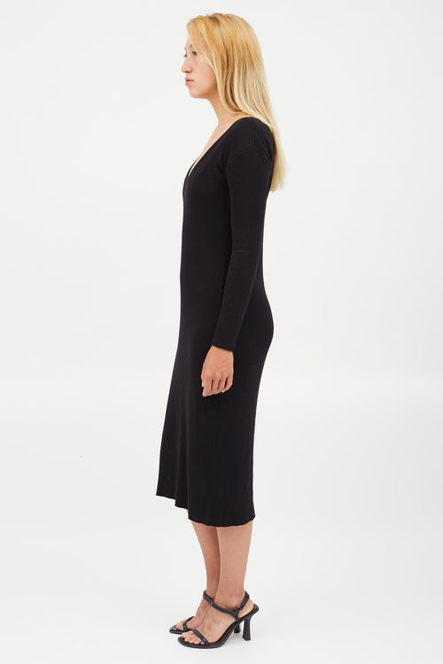 Vince Black Ribbed V-Neck Midi Dress