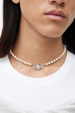 Vivienne Westwood Cream 
Silver Pearl Crystal Orb Necklace