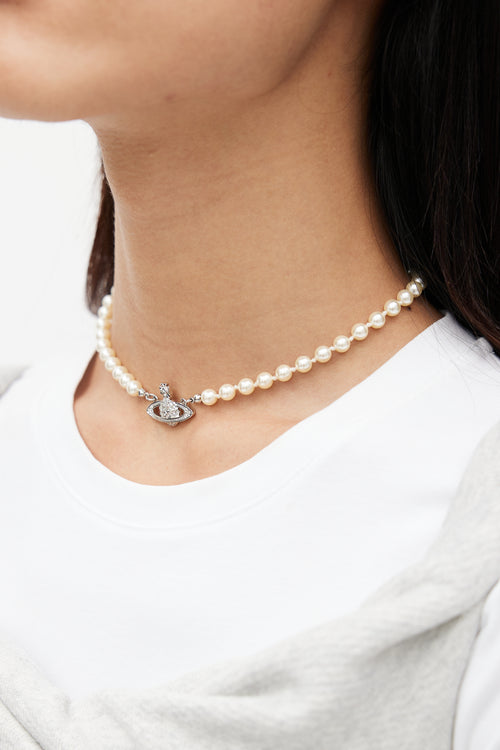 Vivienne Westwood Cream 
Silver Pearl Crystal Orb Necklace