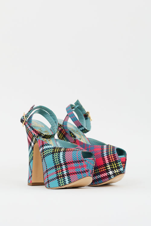 Vivienne Westwood Teal 
Multi Plaid Vargas Platform Heel