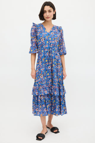 Warm Blue 
Multicolour Floral Ruffled Midi Dress