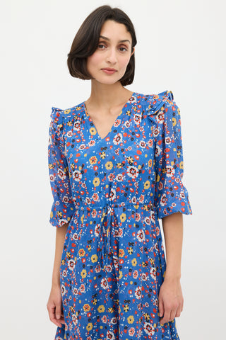 Warm Blue 
Multicolour Floral Ruffled Midi Dress