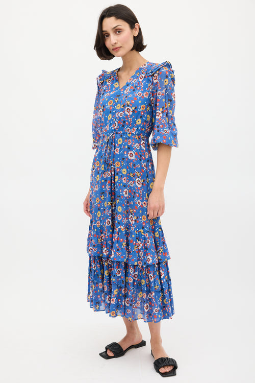 Warm Blue 
Multicolour Floral Ruffled Midi Dress