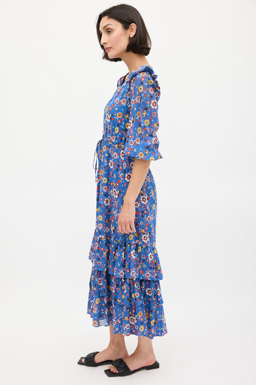 Warm Blue 
Multicolour Floral Ruffled Midi Dress