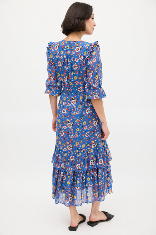 Warm Blue 
Multicolour Floral Ruffled Midi Dress