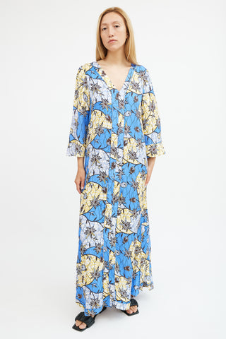 Warm Blue 
Yellow Silk Floral Maxi  Dress