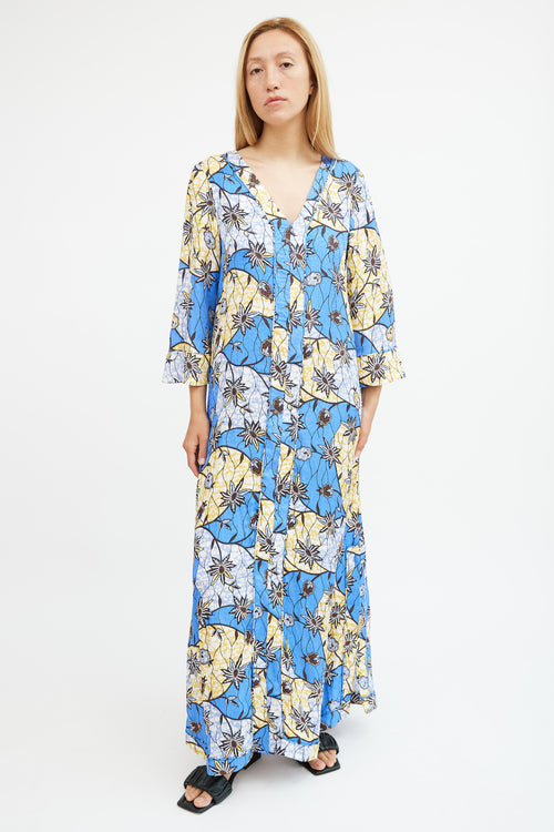 Warm Blue 
Yellow Silk Floral Maxi  Dress