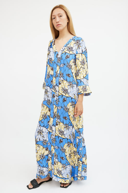 Warm Blue 
Yellow Silk Floral Maxi  Dress