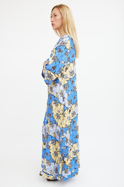 Warm Blue 
Yellow Silk Floral Maxi  Dress