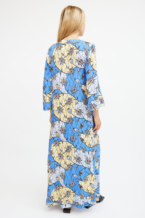 Warm Blue 
Yellow Silk Floral Maxi  Dress