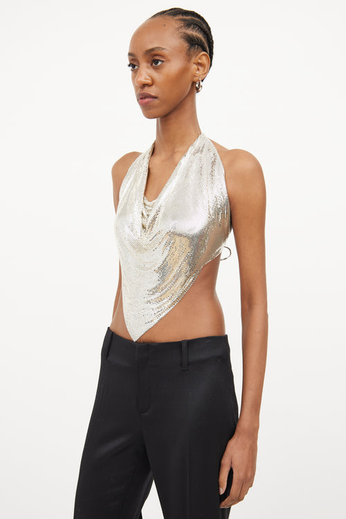 Whiting 
Davis Silver Mesh Halter Tie Top