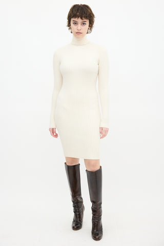 Wolford Cream Wool Ribbed Knit Turtleneck Midi Dress