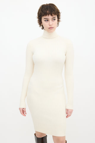 Wolford Cream Wool Ribbed Knit Turtleneck Midi Dress