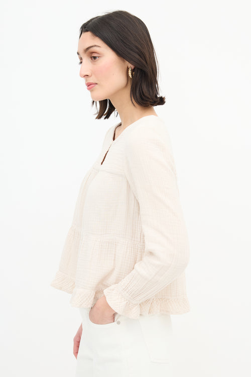  Cream Keyhole Ruffle Blouse