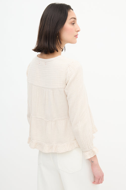  Cream Keyhole Ruffle Blouse