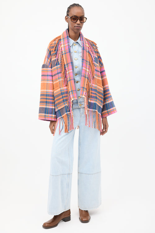 Xirena Orange 
Multicolour Plaid Fringe Cardigan